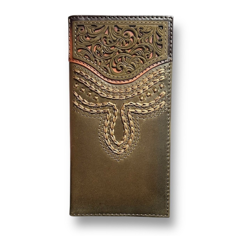 New‎ Justin Brown Genuine Leather Rodeo Wallet RFID Long Bifold Tooled Western